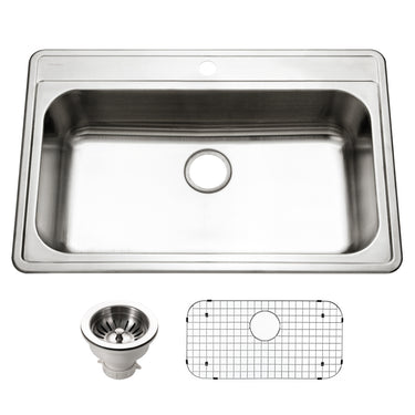 Houzer Premier 33 inch Stainless Steel Drop-in Topmount Single Bowl Kitchen Sink with Strainer & Grid